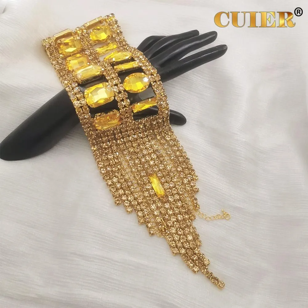 Bracelets CuiEr 8,5 cm de largeur superbe carré topaze Strass gland Bracelet pour femmes grande taille bracelet réglable pour hommes défilé de mode TV