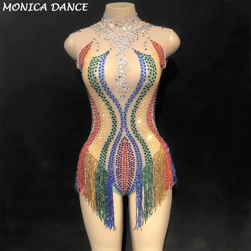 Kvinnor Jumpsuits Rompers Women Colorful Rainbow Tassel Mesh Leotard Rhinestones Perspective fringes bodysuit scen outfit wear performance dance costume 230520