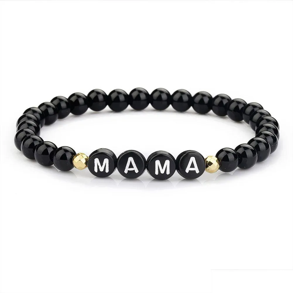 Beaded Newest Arrival 6Mm Black Glass Beads Strands Bracelet For Women Men Handmade Elastic Acrylic Letter Flat Bead Charm Pendant B Dh3O4