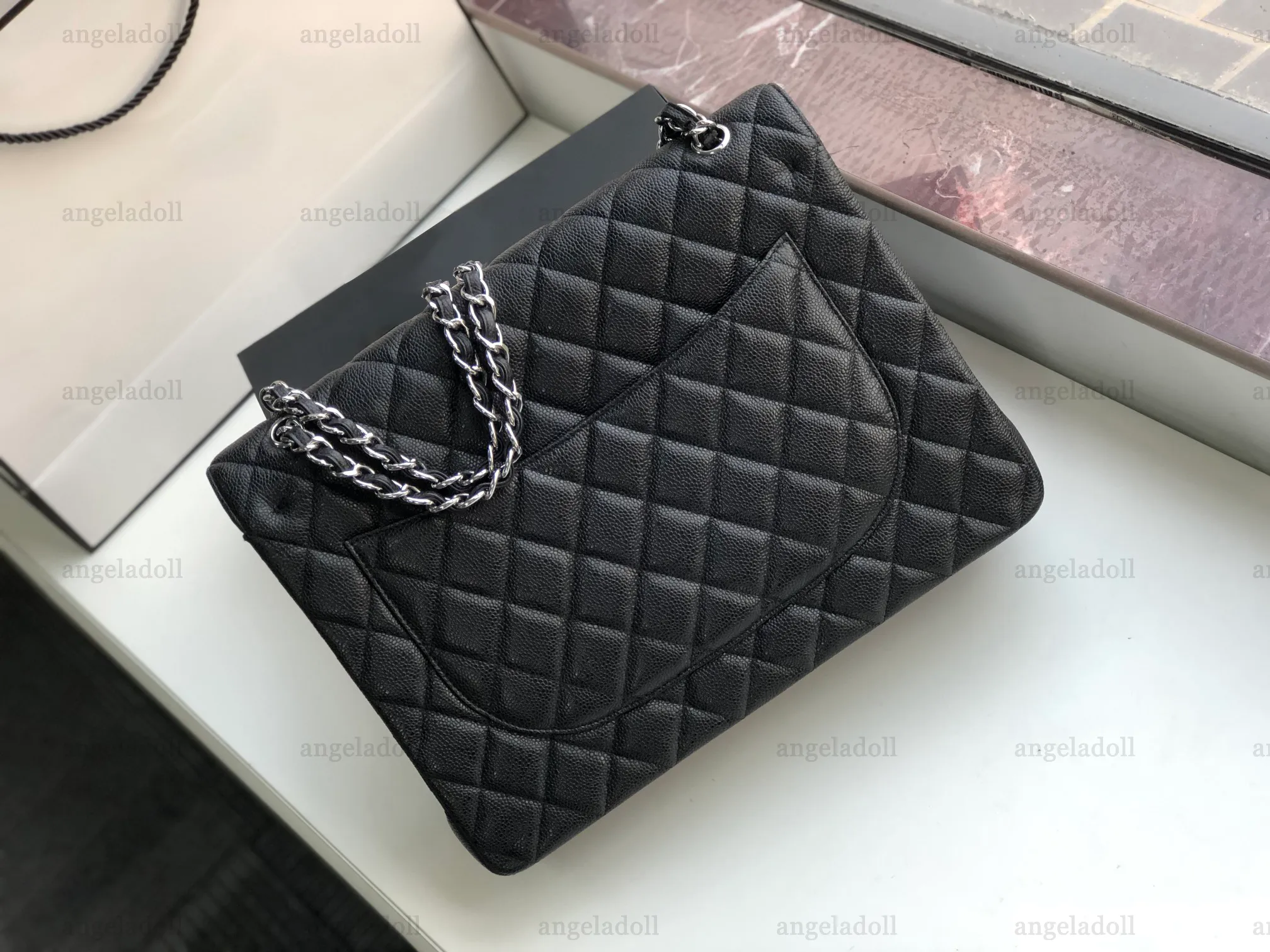 10A Retro Mirror Quality Designer Classic Double Flap Bags 33cm Maxi Womens Handbag Real Leather Caviar Lambskin Black Quilted Purse Crossbody Shoulder Chain Box