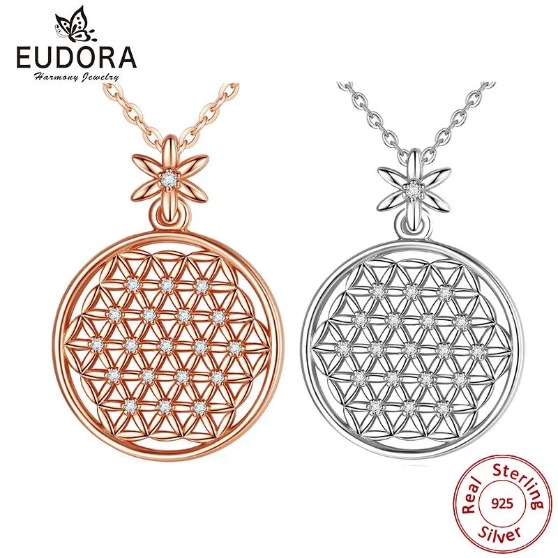 Necklaces EUDORA 925 Sterling Silver Flower of Life Necklace Sacred Circles Big Round Sterling Silver Pendant Geometrical Necklaces CYD419