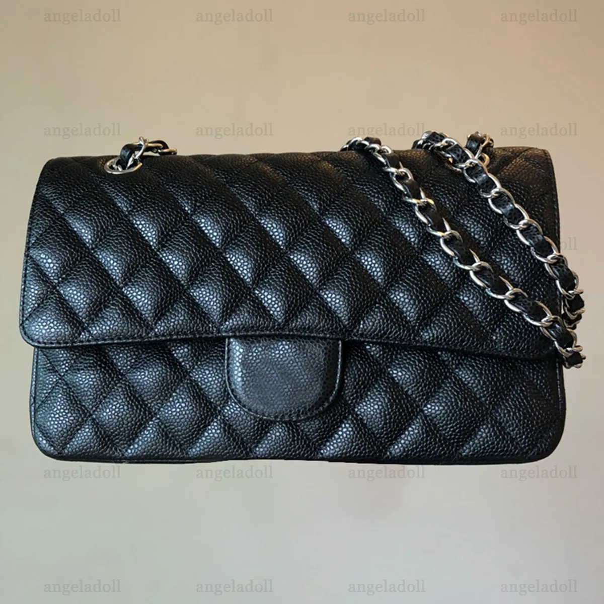 10a espelho de qualidade designer clássico saco de aba dupla de 25 cm bolsa feminina média de couro de couro de couro real bolsa preta de bolsa colada crossbody saco de caixa de corrente