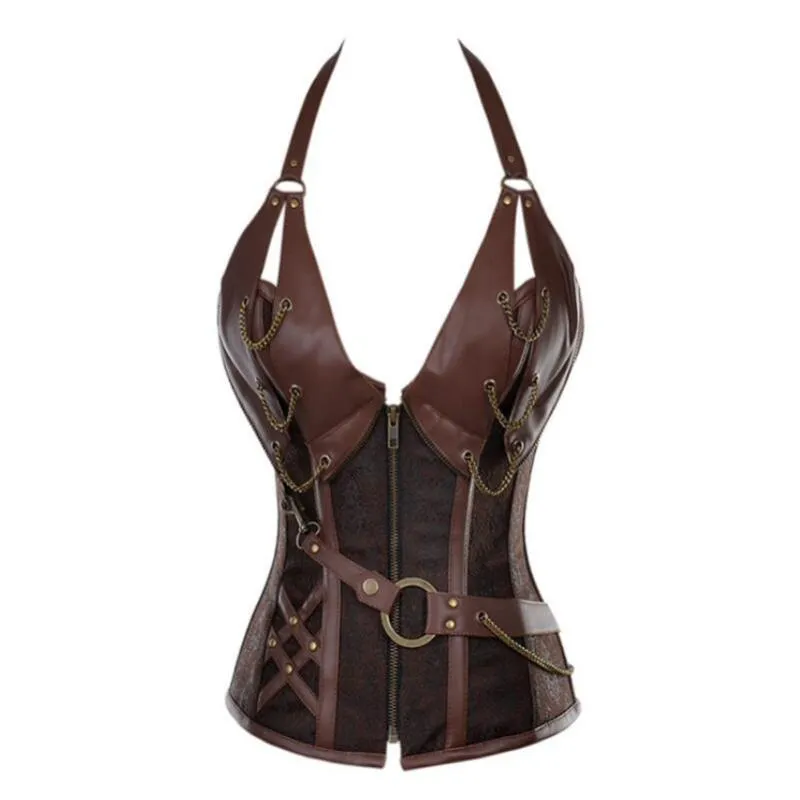 Femmes Shapers Gothique Corset Viking Pirate Costume Femmes Chevalier Top Halloween Cosplay Steampunk Cuir Halter Gilet Métal Cuirasse Bustier