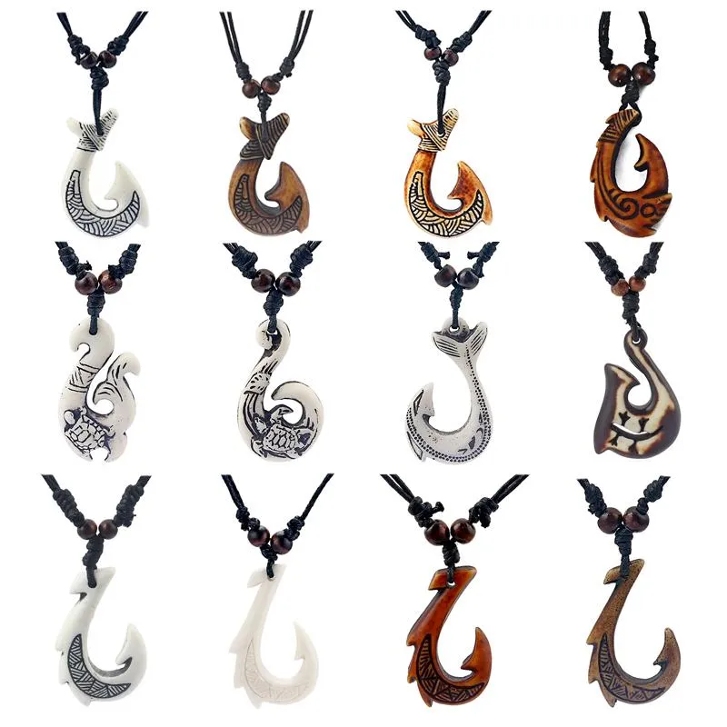 Necklaces 12pcs Ethnic Tribal Imitation Yak Bone NZ Maori Hook Amulet Pendant Necklace Black Wax Cord Wood Beads Surfer Necklace Jewelery
