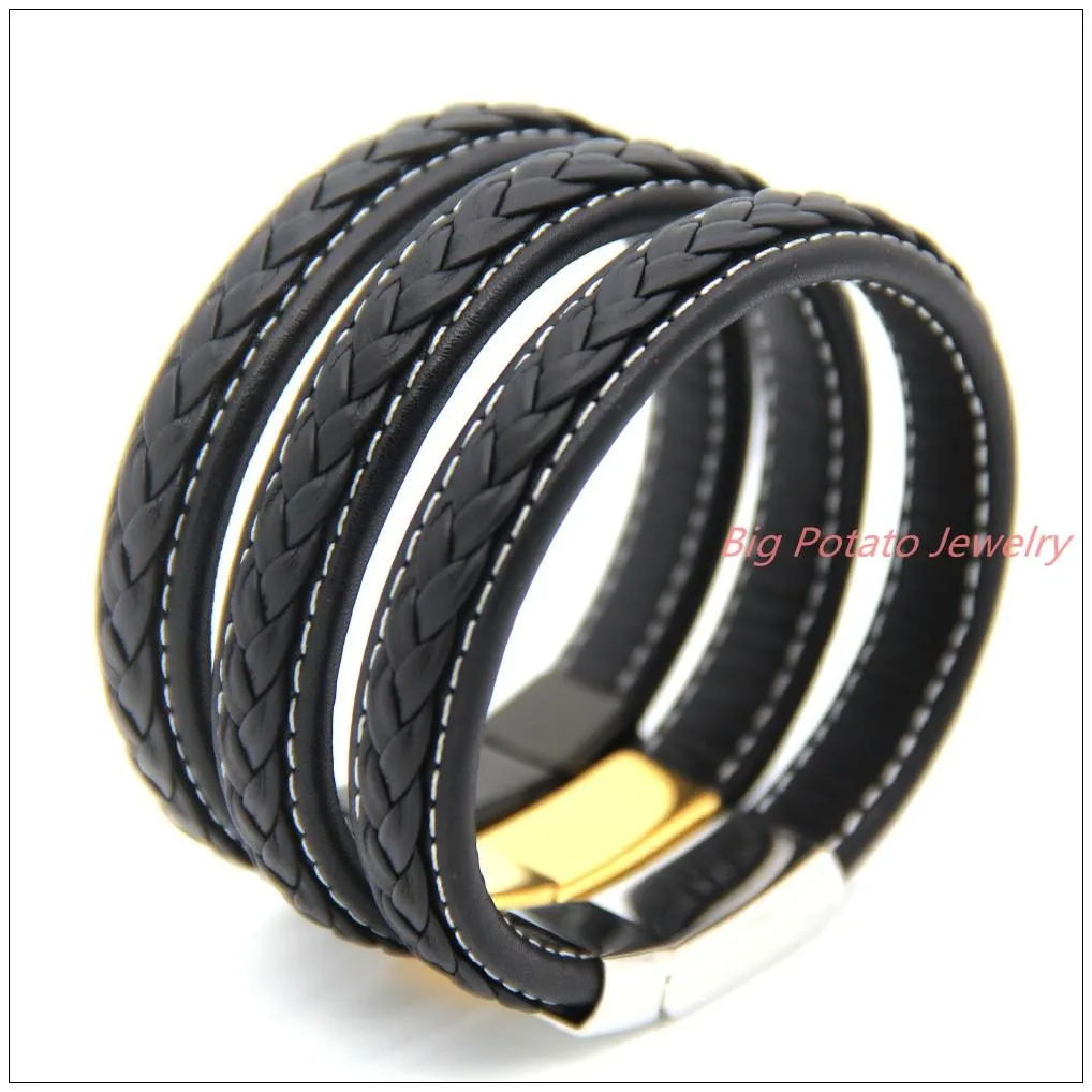 Bracelets 8,26 "Mode en acier inoxydable 316L Argent / Or Couleur Fermoir magnétique Cuir véritable Noir Marron Hommes Femmes Bracelet Bracelet