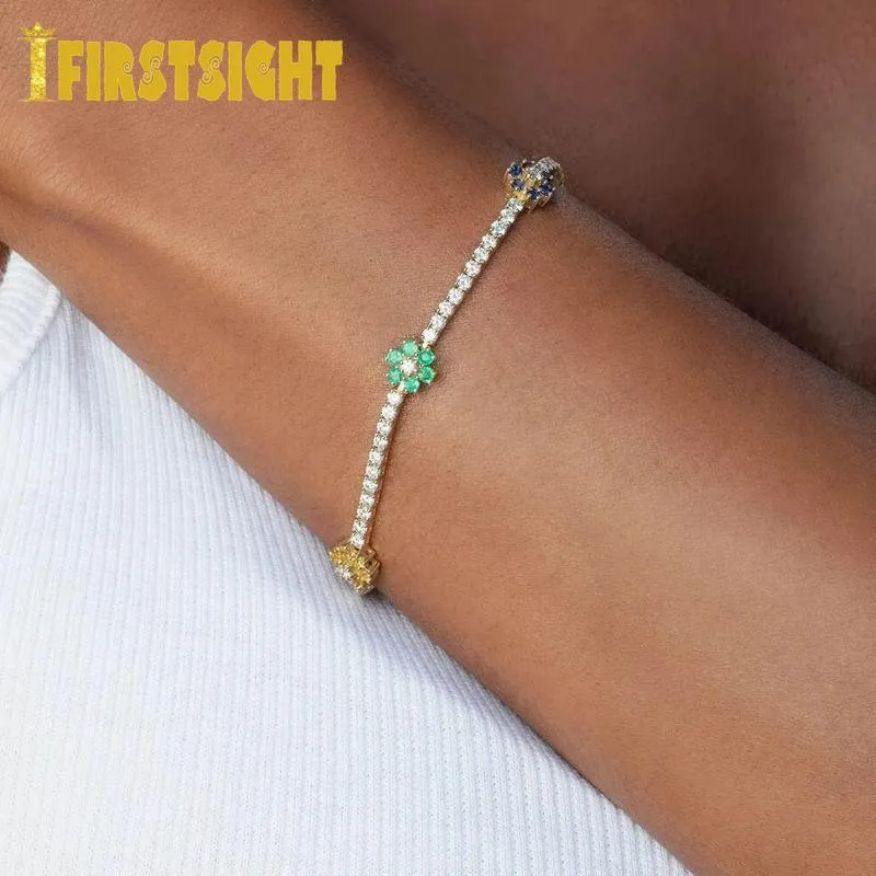 Bangle Ny Delicate Rainbow Blue CZ Fowers Charm Armband 3mm Tennis CZ Stone Chain Tiny Sparking Shiny Armband för kvinnors smycken