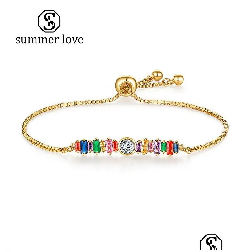 Chain Women Girls Gold Rainbow Bar Crystal Charm Bracelet Adjustable Tennis Colorf Cubic Zirconia Bangle Party Wedding Drop Delivery Dhwrq