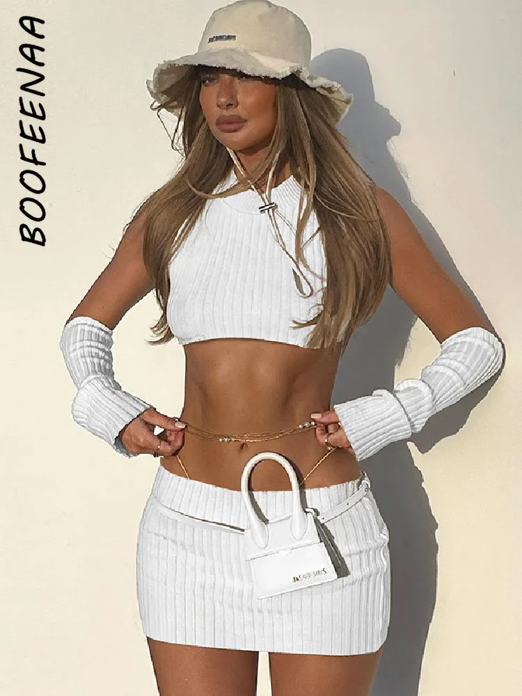 Two Piece Dress BOOFEENAA All White Knitted Club Outfits Women Sexy Bodycon with Arm Sleeves Crop Top and Skirt Sets C15BE19 230519