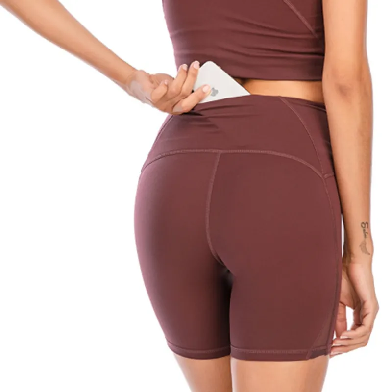 Yoga Pants Women Tight Solid Peach Exercise Yoga Shorts With Pockets 