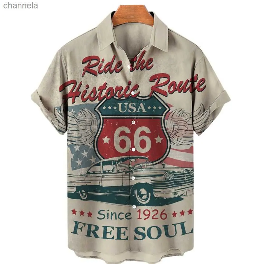 T-shirts voor heren 2022 Herenoverhemden Hawaiiaanse shirts Men Route 66 3D Gedrukte zomer losse ademende shirts voor mannen Retro shirt met korte mouwen