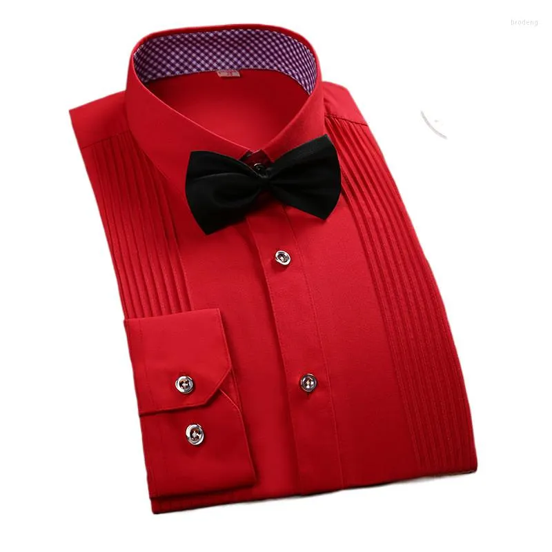 Men's Dress Shirts Party Bow Tie Long Sleeves Wedding Clothing Solid Color Buttons Fashion Slim Festive Celebration Tops