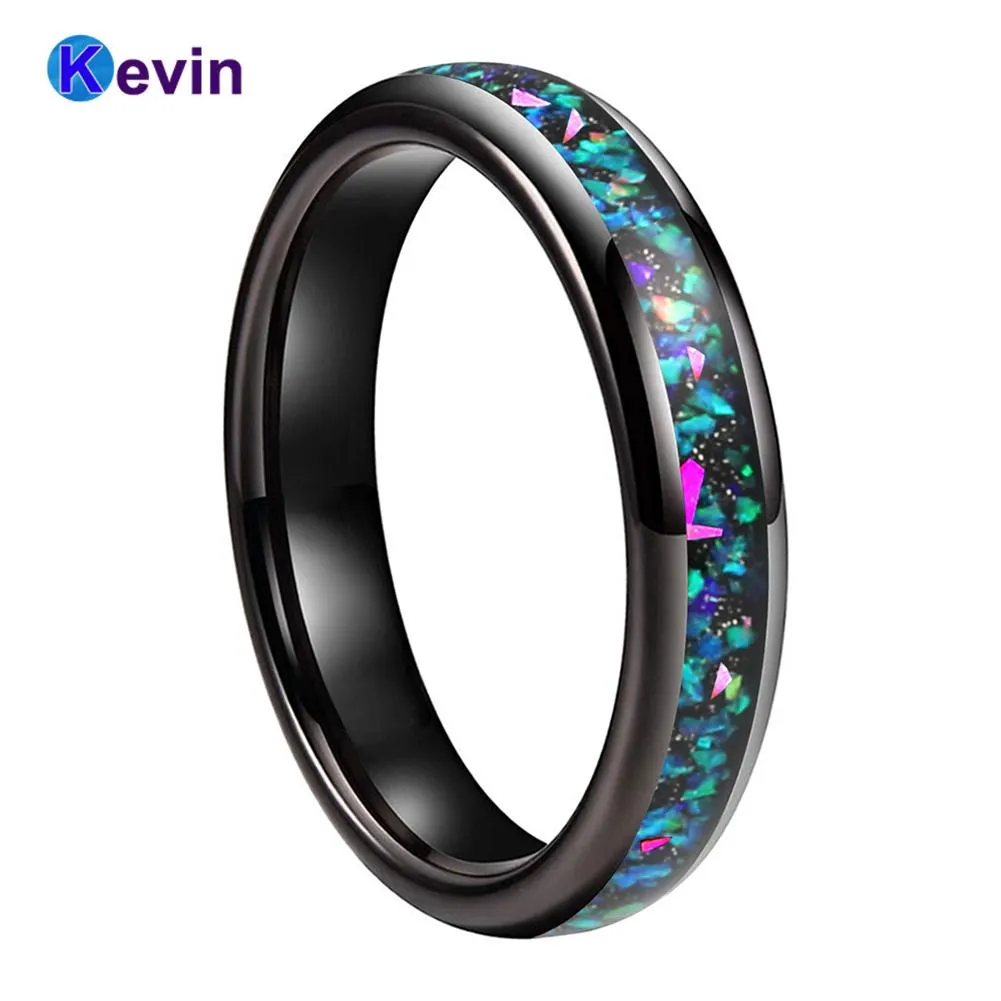 Rings 4mm Black Tungsten Engagement Wedding Band Ring With Galaxy Series Opal Inlay Comfort Fit