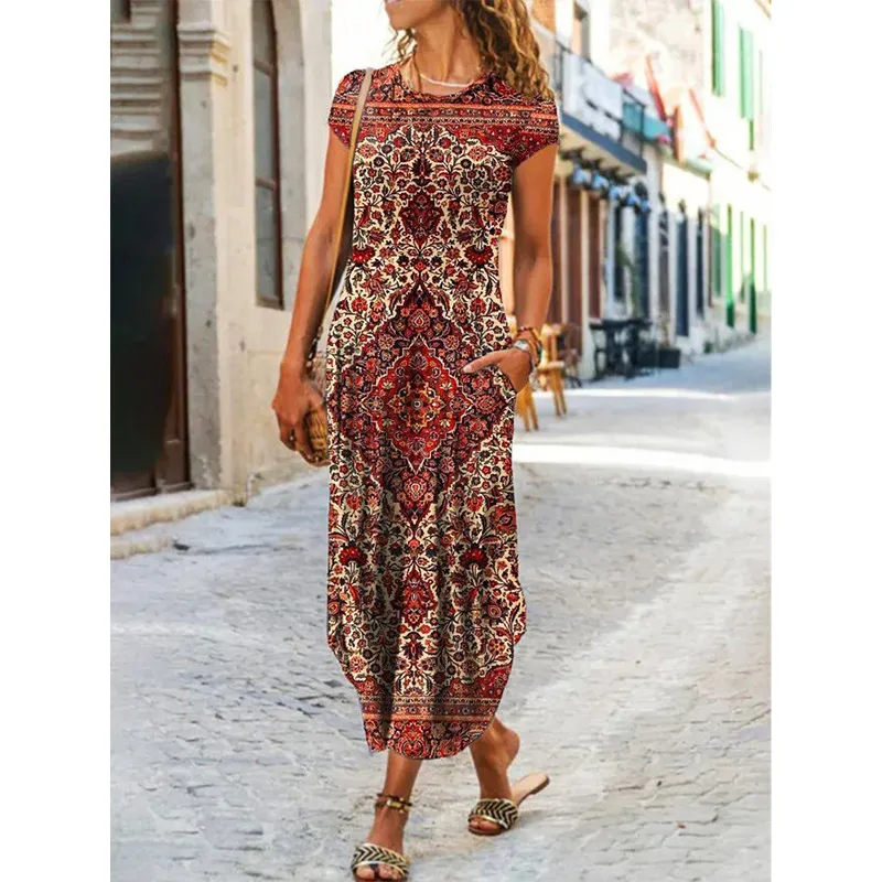 Casual Polyester A-Line Mid-Calf Dress with Round Neck and Short Sleeve for  Women Summer Boho Print from Dhgate Basic & Casual Dresses - price 42.12
