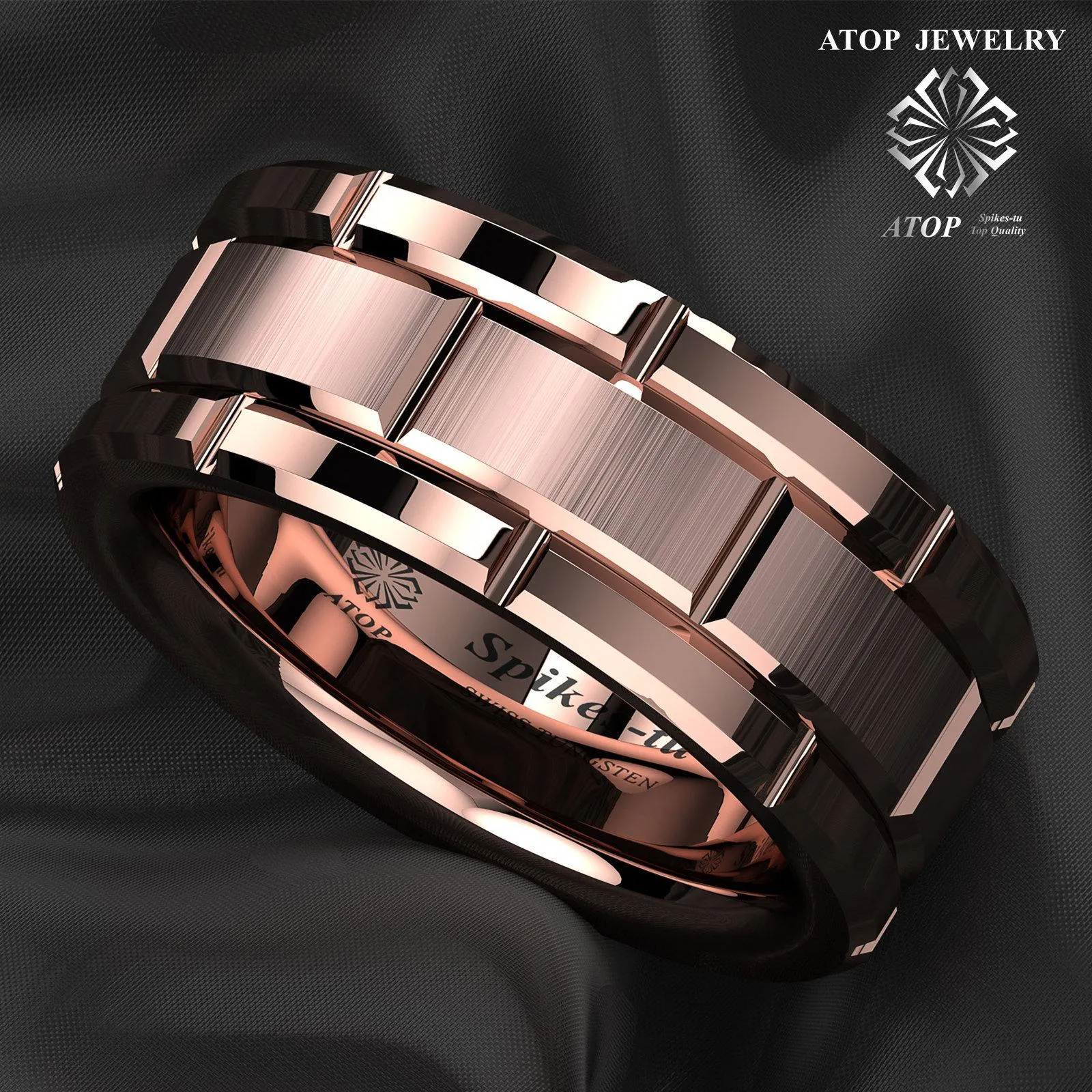 Rings 8mm Rose Gold Men Tungsten Carbide Ring Bushed Brick Pattern