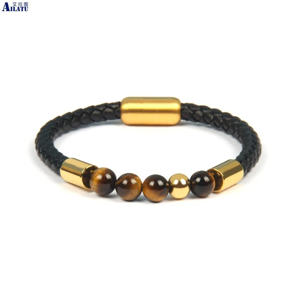 Bangle Ailatu 10pcs Stainless steel Leather Bracelets with 8mm Natural Tiger Eye Stone Men Women Gift Accessories Jewelry