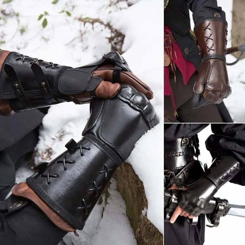 Rodilleras Codo 1 par Cosplay Props Faux Leather Wide Bracer Lace Up Arm Armor Cuff Cross String Gothic Steampunk Medieval Gauntlet Grand