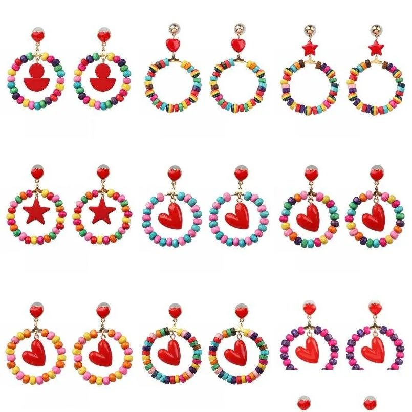 Dangle Reghenelier inthnic Style أقراط الخشب للنساء المصنوع يدويًا Bohemian Colorf Beads Fivepointed Star Hoop Charm Jewelry Dr Dhdla