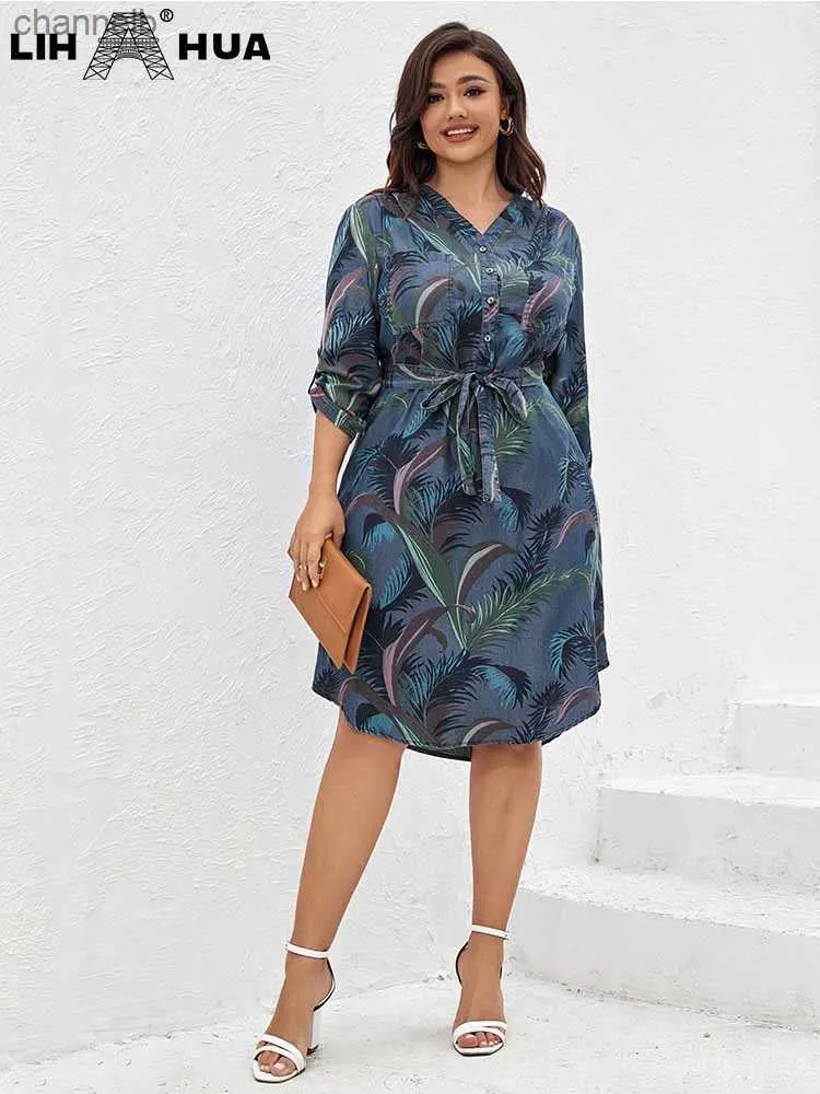 Casual Dresses Lih Hua Women's Plus Size Denim Dress Summer Chic Elegant Dress for Chubby Women's Woven Cotton Dress L230520