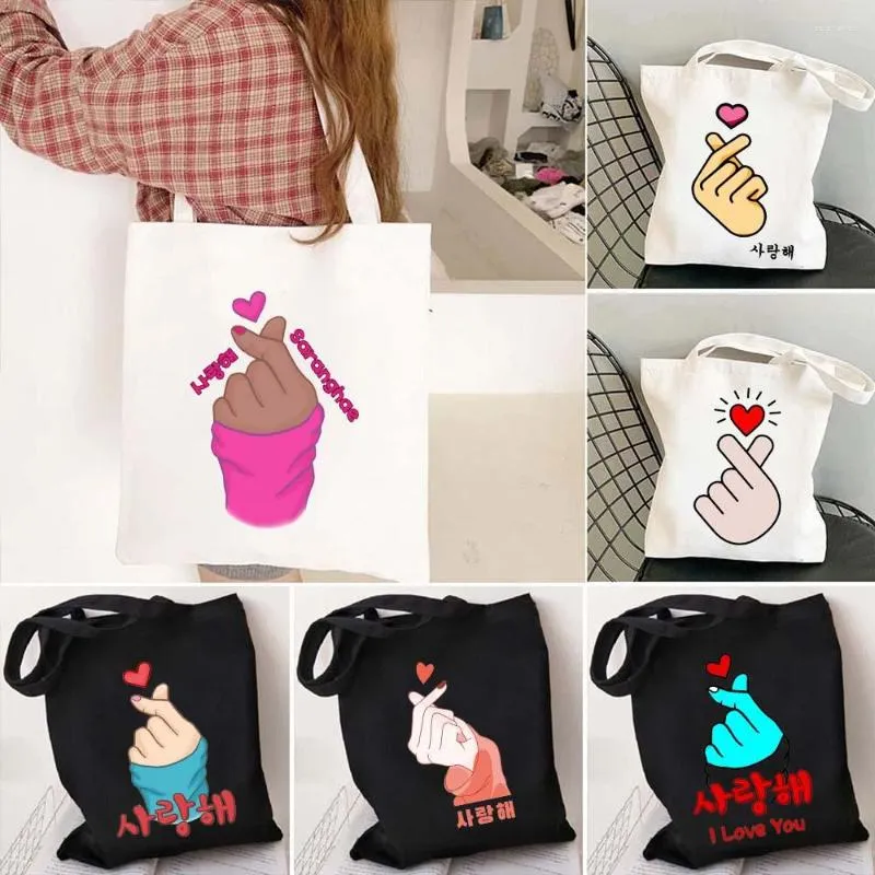 Borse da sera Cute Kpop Hand Coreano Hangul Lettera Fingerheart Finger Heart Saranghae Kawaii Girl Shopper Canvas Tote Bag Shopping Handbag