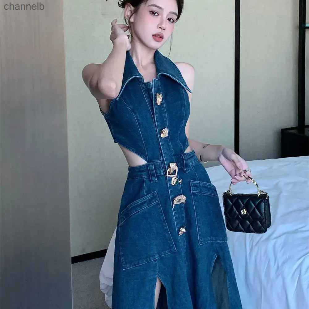 Sexy Denim Dresses: Ladies Long Denim Dress, Sleeveless Shirt