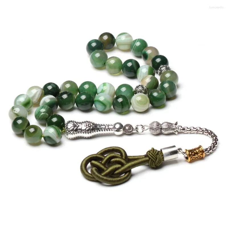 Strand Natural Stone Tasbih Prayer Beads 33 Apple Green Agate Misbaha Style Cotton Tassel Muslim Rosary Mesbaha Sibha Tasbeeh