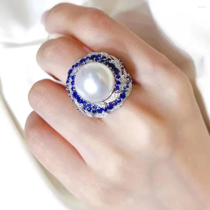 Klusterringar lyxiga 12.5-13mm stora naturliga vita halvt pärlmode blomma ring 925 silver fina bröllop smycken för kvinnor