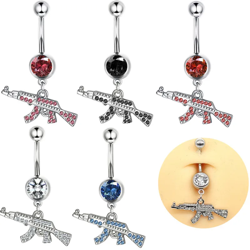 Nabel Bauchnabel Ringe Baumelnden Rot Blau Kristall Gun Frauen Sommer Edelstahl Piercing Körper Schmuck 2023 Neue