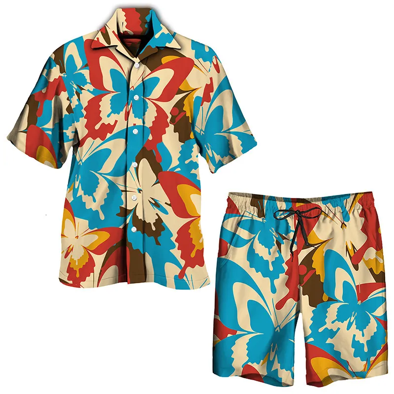 Heren Trainingspakken Butterflys Patroon Graffiti Afdrukken Hawaii Stijl Strand Vakantie Shorts Set Hip Hop Casual Shirts Mannen Vrouwen Pak 230520