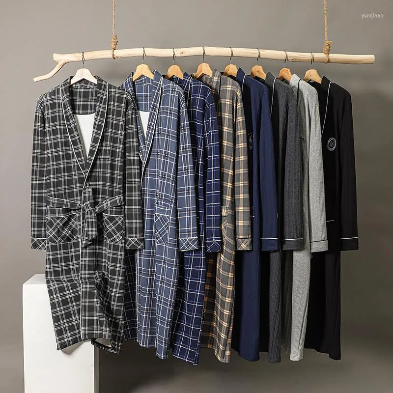 Men's Sleepwear Sprin Autumn Plaid Batrobe Men Sleep Top Kimono Robes For Male Full Pure Cotton Lon Bat Robe Bride Dressin Own M-4XL