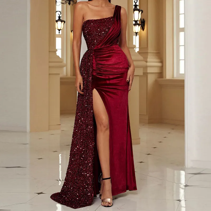 Vestidos casuais básicos lantejoulas de veludo de veludo high slit um ombro maxi cocktail festas mulheres elegantes vestido de noite sem alças 230519