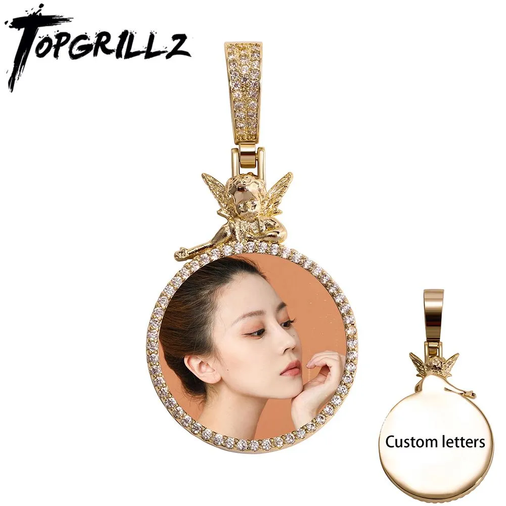 Halsband Topgrillz Ny personlig anpassad fotohänge Iced Micro Pave CZ Round Pendant med ängeltillbehör smycken för män kvinnor