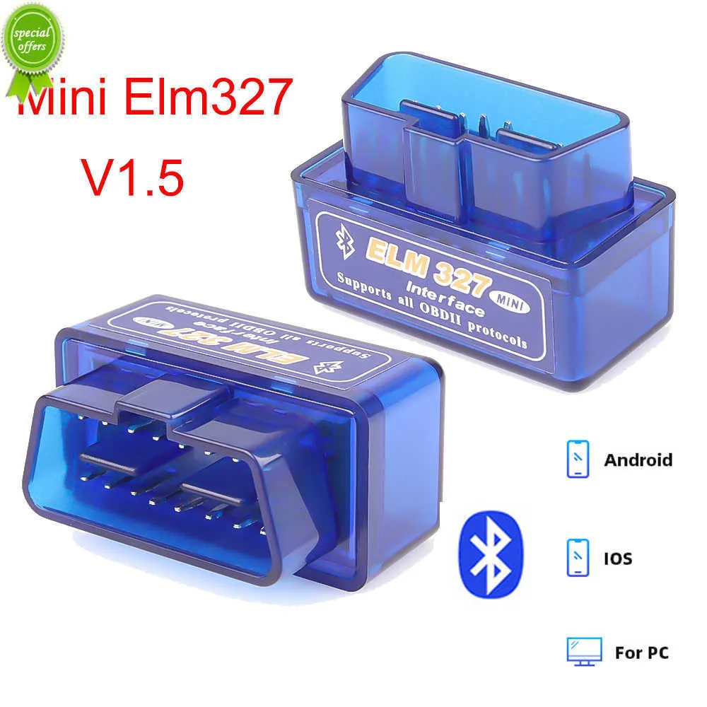 Ny Bluetooth V1.5 Auto OBD2 ELM327 MINI Senaste version Skannerkodläsarverktygsbil Diagnostisk verktygskontrollmotor för 1992-2021 bil