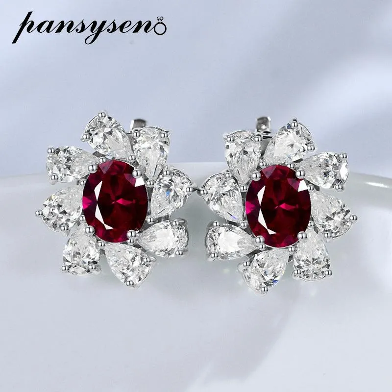 Stud PANSYSEN Vintage 925 Sterling Silver 2CT 7x9MM Ruby Sapphire Paraiba Tourmaline Gemstone Stud Earrings Fine Jewelry Wholesale