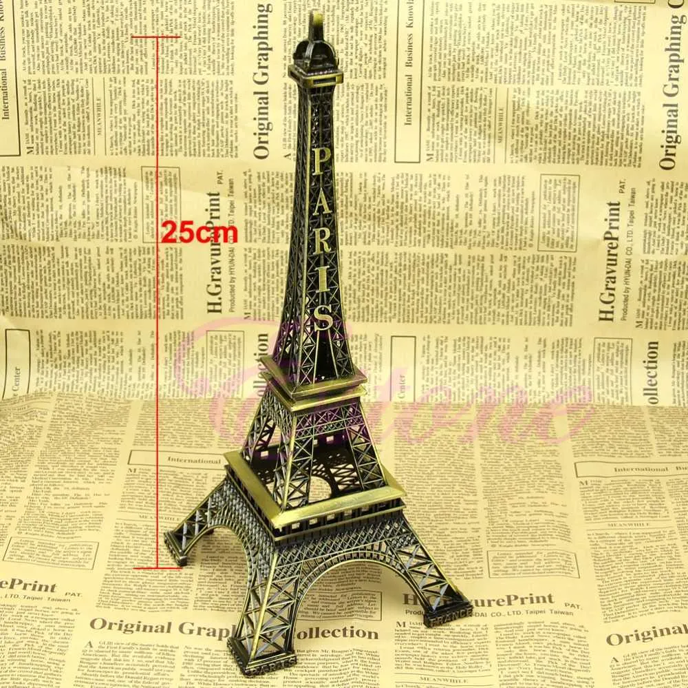 Yenilik Ürünleri 25cm Bronz Ton Paris Eyfel Tower Heykelcik Heykeli Vintage Alaşım Modeli G230520