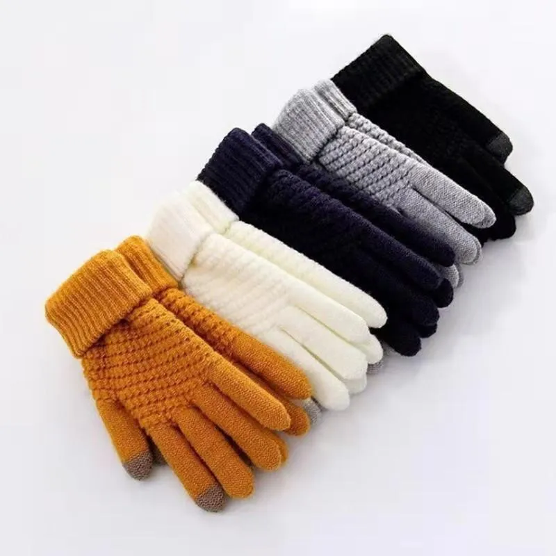 Cinq doigts gants hiver 1 paire tricoté pour hommes et femmes plus chaud étudiant mignon écran tactile écriture Plus velours épaississement mitaines