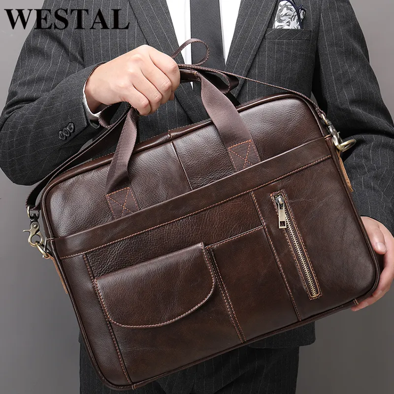 ブリーフケースWestal Men's Leather Bags Man Leather Laptop Bag for Document A4 Breaidcase for Teens Men Business Portfolio Toteメッセンジャーバッグ230520