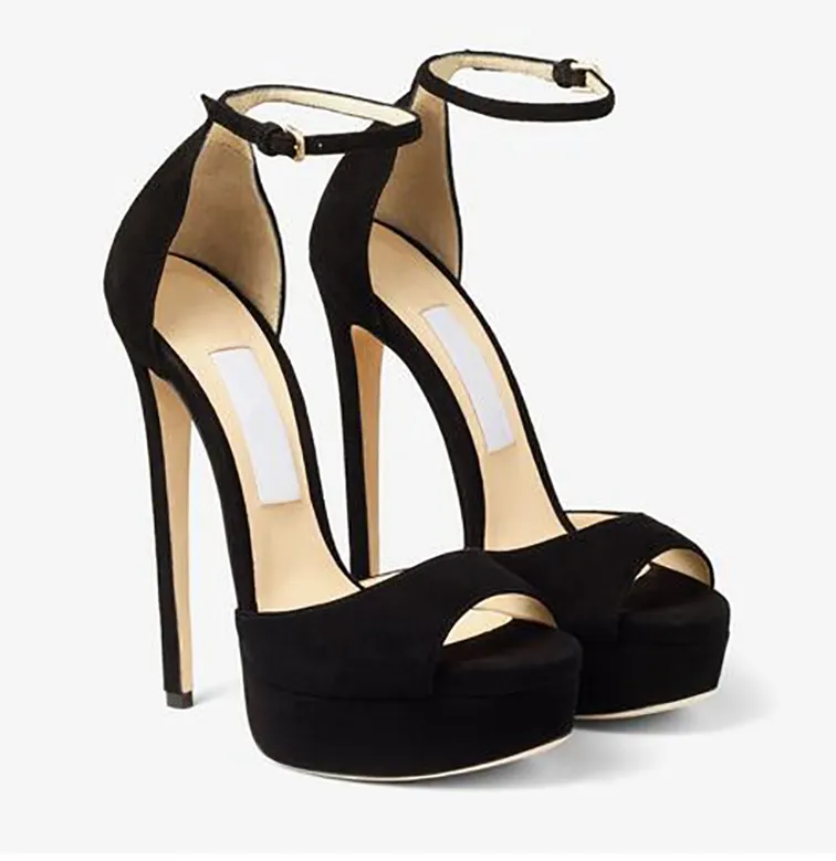 Designer toppkvalitet sandaler kvinnor skor lyx max 150 svart mocka ankel remplattformar mode äkta läder slingbacks box storlek 35-42