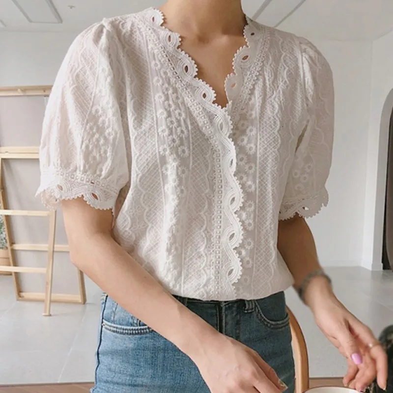 Womens Blouses Shirts Office Ladies Lace Border Shirt Fashion Women Hollow Out White Blouse Simple Casual VNeck Short Sleeve and Tops 230519