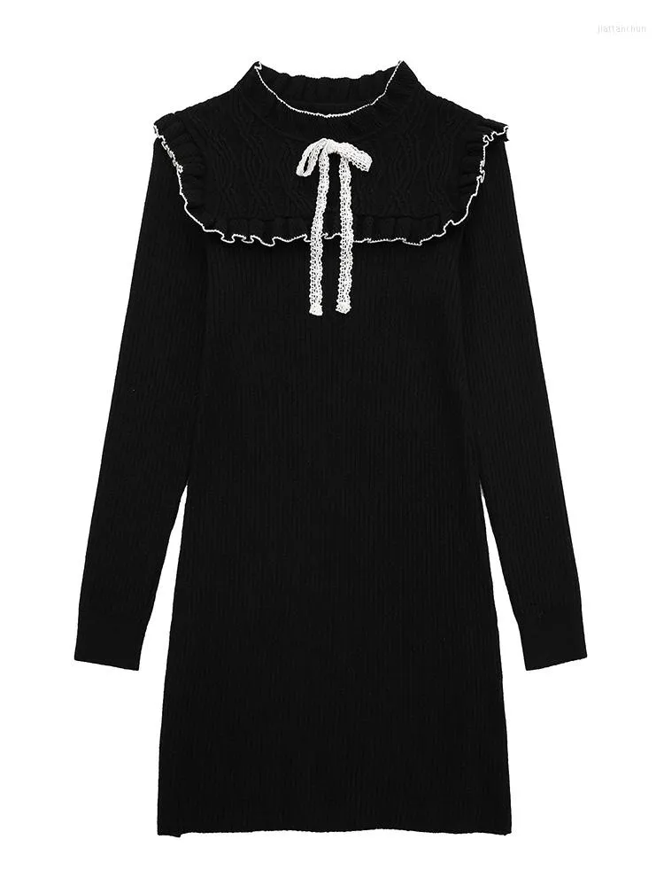 Robes décontractées Automne Hiver Vêtements pour femmes 2023 Style doux Garniture à volants Robe en tricot avec nœud à manches longues Noir Mini