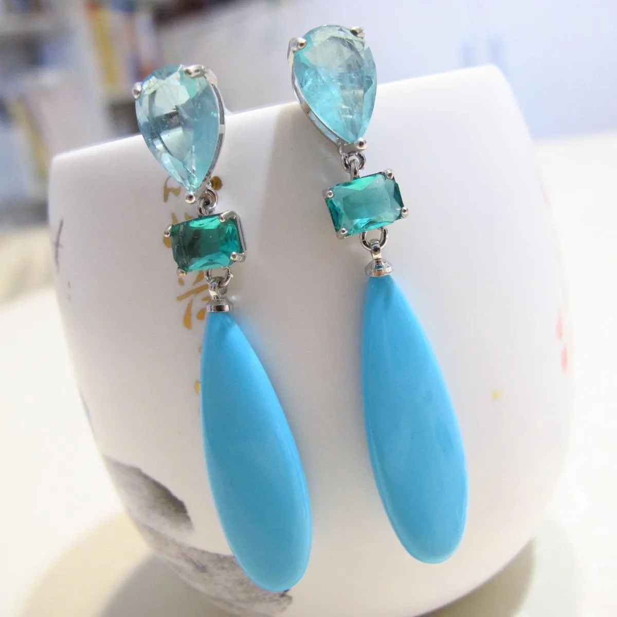 Noeud KQDANCE 925 argent aiguille pierre de lune naturelle bleu rouge Turquoise cristal longue larme boucles d'oreilles pour femmes bijoux en gros