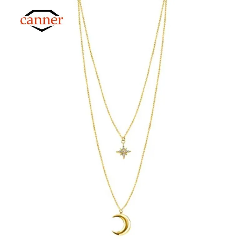 قلادة Canner 925 Sterling Silver Gold Gold Flated Mode Double Layered Moon قلادة قلادة قلادة الترقوة للنساء المجوهرات