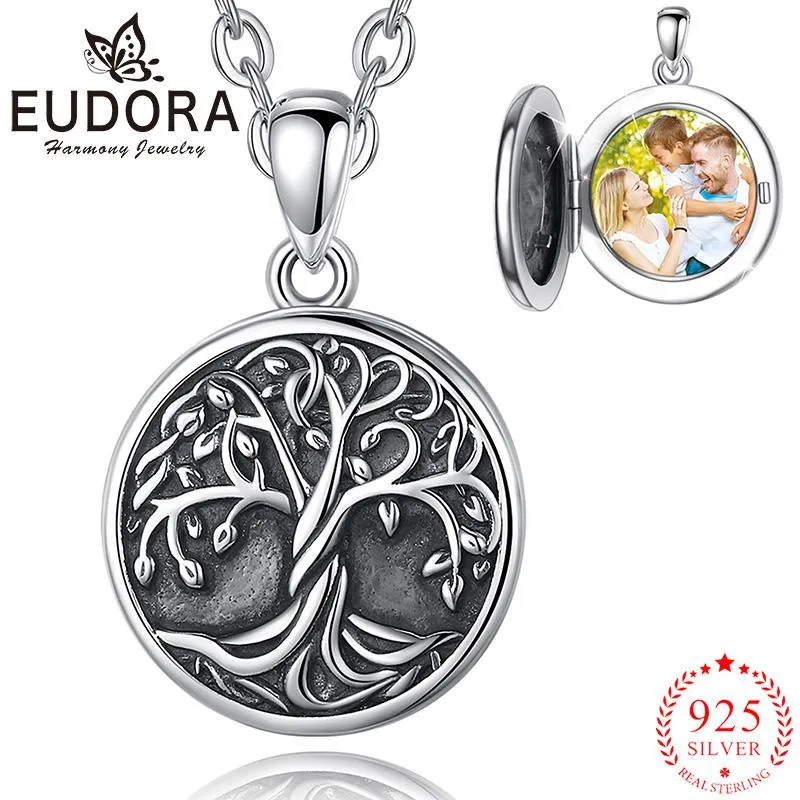 Halsband Eudora 925 Sterling Silver Tree of Life Halsband Fotor Fram Box Pendant Halsband Souvenir Utsökta smycken Damer gåva