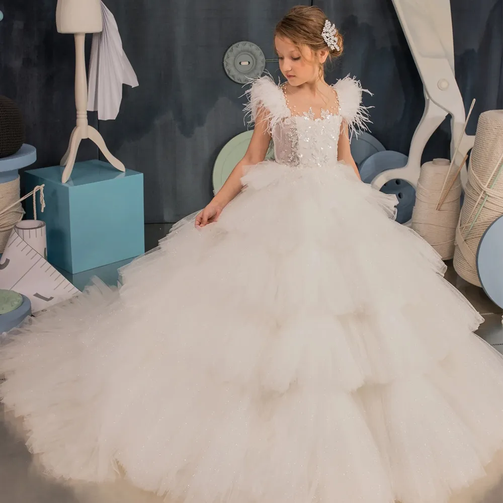 Pretty Feather Ruffles Ball Gown Flower Girls Dress Beaded First Communion  Dress Tulle Child Christening Wear from Dhgate Flower Girls' Dresses -  price 351.65