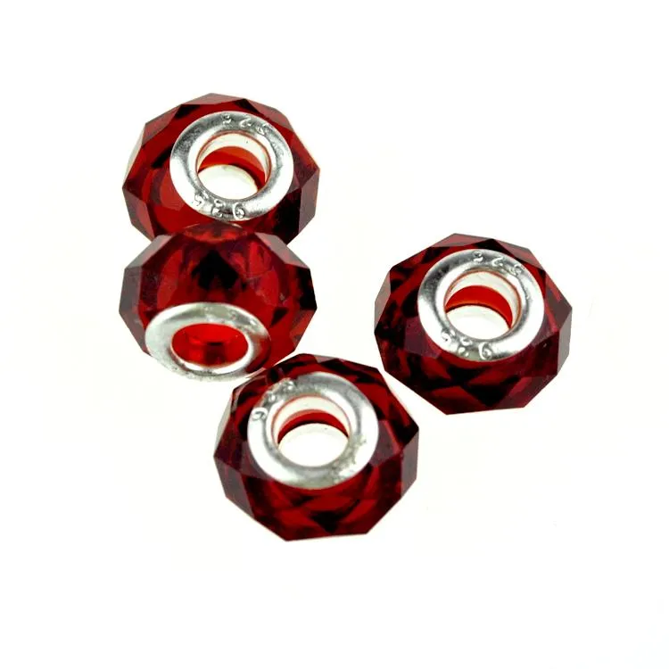 Cuentas 100 unids/lote 9x14MM cuentas de vidrio facetadas de color rojo oscuro cuentas de encanto europeo para la fabricación de joyas pulsera con agujero grande cuentas DIY