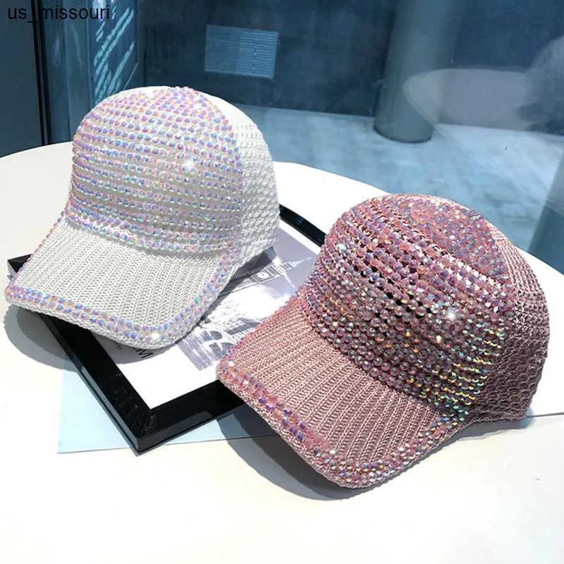 Casquettes De Baseball 2022 Nouvelles Femmes Baseball Chapeau Brillant Strass À Tricoter Maille Cap Femelle Bling Cristal Décoration Chapeau De Mode Filles Respirant Soleil J230520