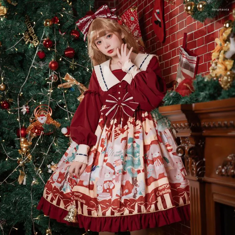 Abiti casual Orso di Natale Abito Lolita dolce adorabile Cotone Colletto da marinaio Manica a lanterna Fiocco Bordo agarico Pizzo Abbigliamento donna confortevole