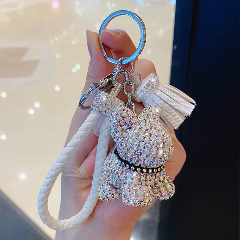 Nouveau strass bouledogue français porte-clés dessin animé voiture gland porte-clés Pitbull pendentif sac Llaveros Mujer bijoux accessoires