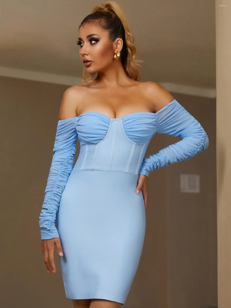 Casual Dresses Seamyla Long Sleeve Off Shoulder Bodycon Bandage Dress Elegant Sexy Sky Blue Mini Celebrity Evening Runway Cocktail Party