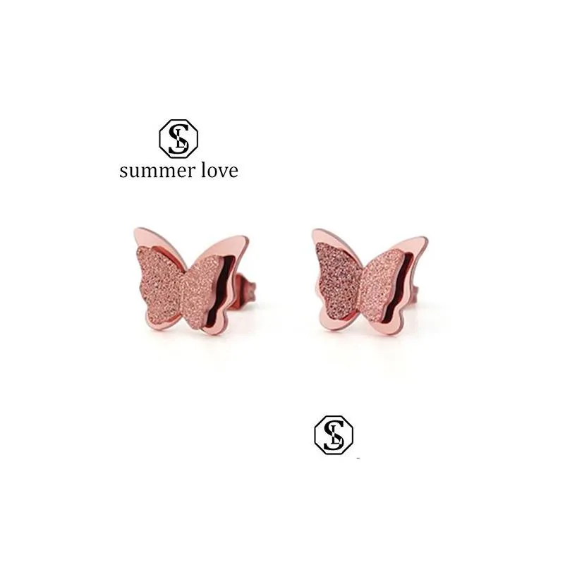 Stud Sale Scrub Butterfly Boucles d'oreilles en acier inoxydable pour les femmes Double Titanium Rose Gold Et Siergold Fashion Drop Delivery Jewelry Dhnzg