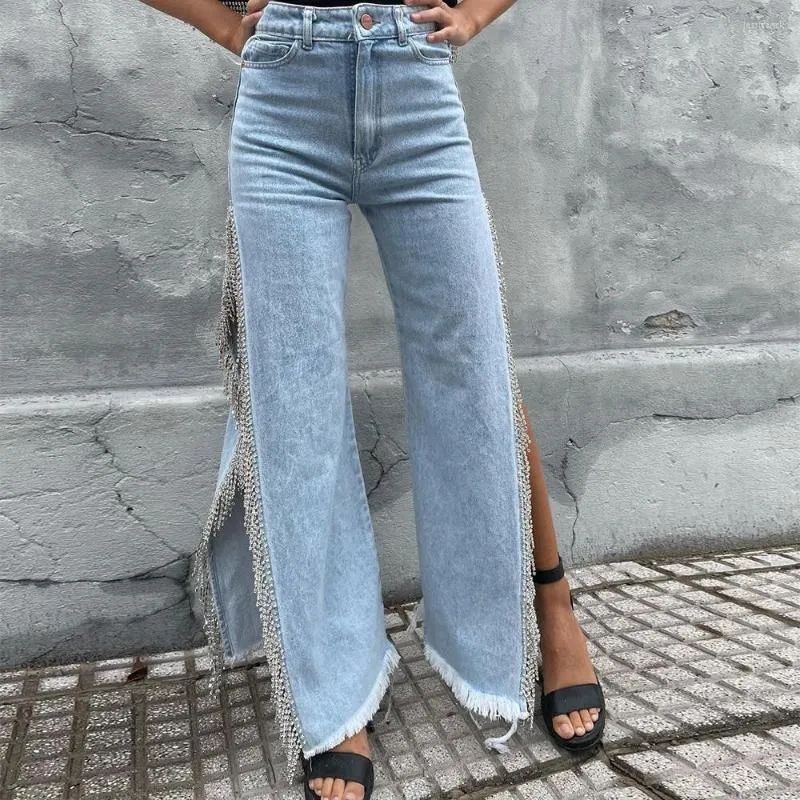 Pantalones vaqueros a la moda para mujer, vaqueros con borlas, pantalones vaqueros elásticos de cintura alta para mujer, pantalones acampanados con abertura lateral, ropa de calle 2023